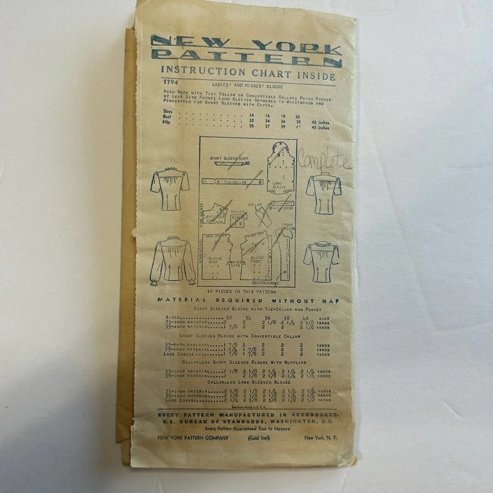 Vintage 1940's New York Pattern‎ #1794 Blouses Size 14-32